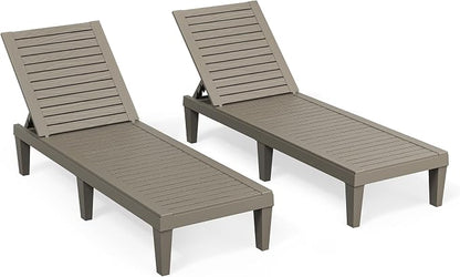 Outdoor Lounge Chairs Set of 2, 5-Position Adjustable Tanning Chairs with Wood Grain, All-Weather Resin Patio Recliners for Pool, Garden, Deck, Beach, Patio Lounge Chairs, Texture Grey
