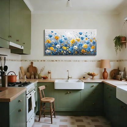 SERIMINO Extra Large Wall Art, Floral Wall Art, Nature Wall Decor, Boho Flower Market Prints, Blue Wildflowers Home Decorations, Aesthetic Pictures for Living Room Bedroom Dining Room Hallway 29"x57"
