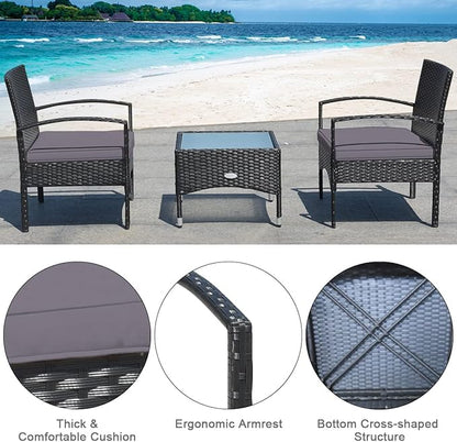 COSTWAY 3 PCS Patio Wicker Conversation Set, PE Rattan Sofa with Tempered Glass Coffee Table, 2 Chairs, 2 Cushions, Outdoor Patio Furniture Set for Yard Porch Bistro Balcony Backyard Pool, Grey