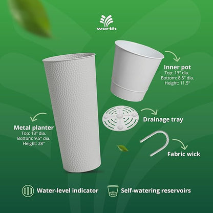Worth 2 Pack 28" Tall Narrow Metal Planter with Inside Pot for Indoors or Outdoors, Deck, Patio or Front Porch, Hand-Hammered Texture, White