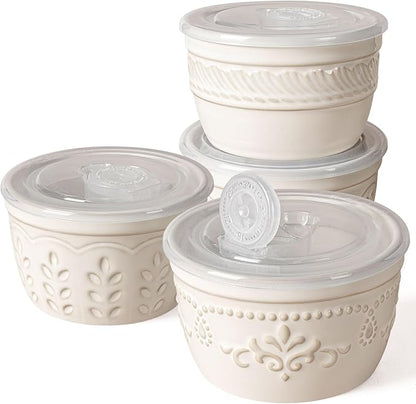 Artena Ramekins with Lids, Creme Brulee Ramekins Oven Safe, Ceramic Pudding Cups, Souffle Cups, Custard Cups, Dipping Sauce Cups, Food Storage Containers with Lids, Set of 4 (8 oz, Multiple Patterns)