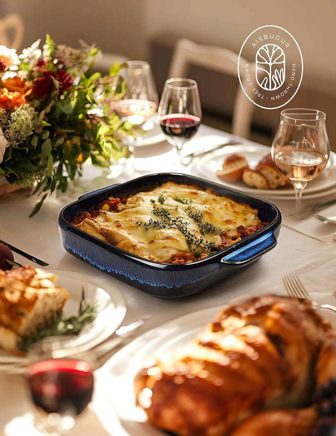 8x8 Baking Pan Ceramic Square Baking Dish with Handle for Brownie 48oz Blue | Deep for Brownie, Lasagna, Roasting and Great for Kitchen Decor