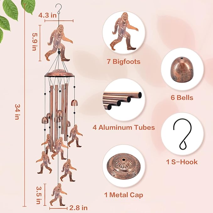 Bigfoot Wind Chimes for Outside,Big Foot Sasquatch Gifts for Men Women/Memorial Gifts/Birthday Gift Metal windchimes Outdoors/Indoors,Garden Decor,Patio,Home,Porch,Yard Decoration
