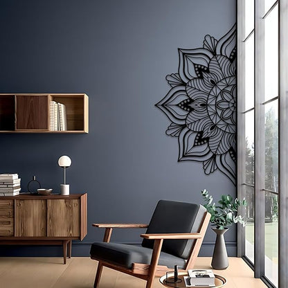 Resama Large Metal Mandala Wall Decor, Unique Lotus Flower Wall Art, Suitable for Office and Home Indoor and Outdoor Decoration (Black, 59‘’x29.5‘’/ 150x75cm)