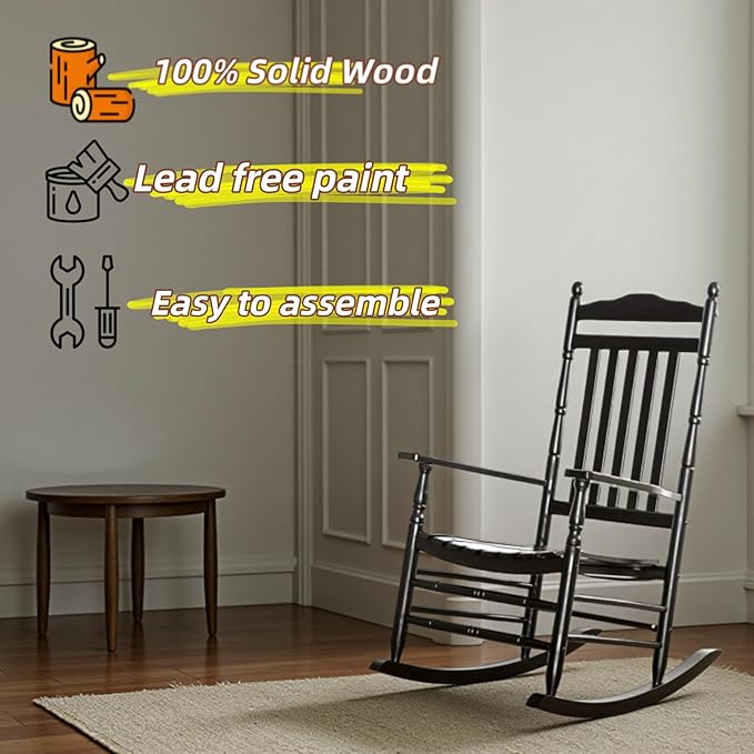 Outdoor Patio Rocking Chairs Folding Side Table Set of 3 Piece Porch Wooden Rockers Small Foldable End Table Furniture Indoor Outside Camping Balcony Garden Lawn and Bistro, Black