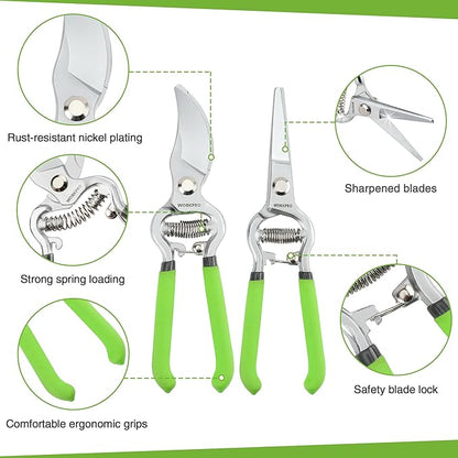 WORKPRO 2-Piece Pruning Shears and Garden Tool Belt Set, Gardening Belt with 5 Pockets and Adjustable Waist Belt, 8" Bypass Garden Shears and 8'' Handing Pruner with Steel Straight Blade
