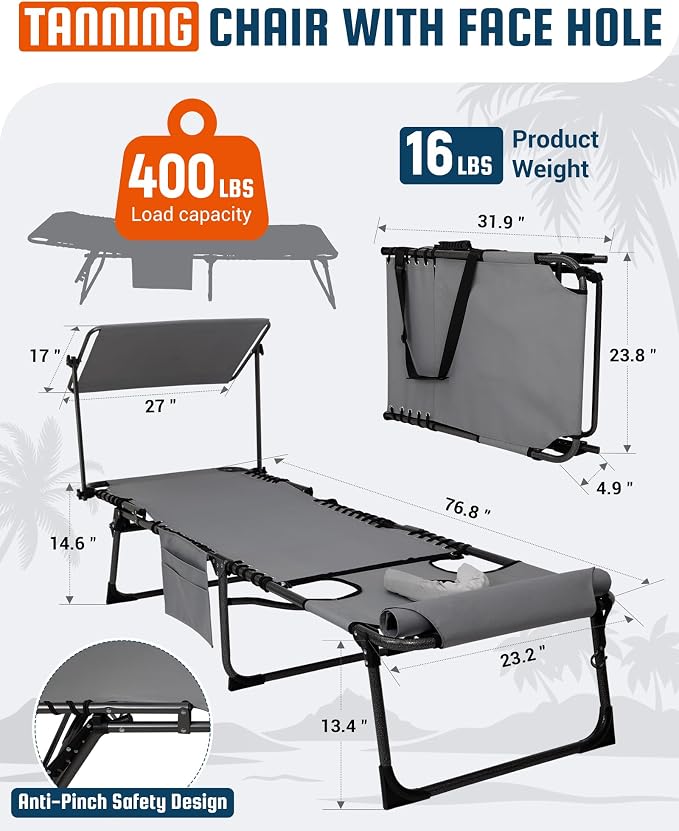 KingCamp Lounge Chair with face Hole & Canopy Shade, 400LBS Folding Portable Tanning Chair with face Hole, Adjustable 5-Position Foldable Beach Sun Tanning Chair for Outside Beach Patio Outdoor Pool