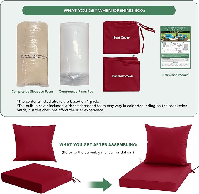 Waterproof Patio Cushions for Outdoor Furniture, Fade Resistant Back Pillow and Seat Cushion Set for Couch Replacements, 24 x 24 Inch, Red, Set of 2