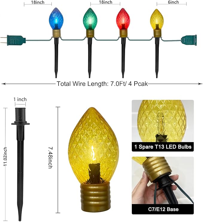 Jumbo C9 Christmas Pathway Lights Outdoor, 2 Pack Total 14Ft 8 LED C9 Giant Multicolor Christmas Walkway Lights, Connectable Outdoor Christmas Decorations Stakes Light for Lawn Yard Garden Holiday