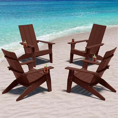 MXIMU Adirondack Chair Set of 4: Modern Adirondack Chairs Fire Pit Chairs Plastic Outdoor Chairs for Lawn Backyard Deck Garden Camping (Coffee)