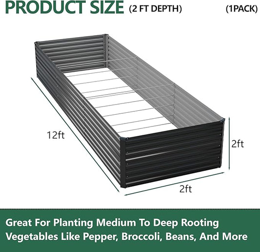 Vengarus 12x2x2FT Galvanized Raised Garden Bed Kit, Deep Root Planter Box Outdoor Large Planter Raised Beds for Planting Flowers,Vegetables and Herbs-Black