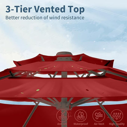 9FT 3 Tiers Patio Umbrella With Auto Tilt And Crank, Outdoor Table Market Umbrella with 8 Sturdy Ribs for Garden, Lawn, Deck, Backyard and Pool (Red)