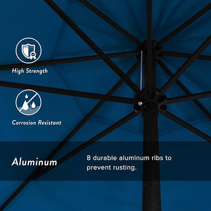 California Umbrella 9' Rd Aluminum Patio Umbrella, Crank Lift, Auto Tilt, Black Finish, 4yr Fade Warranty, Pacific Blue