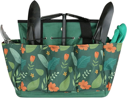 Waterproof Garden Tool Bag, 600D Oxford Portable Gardening Tote with Handle & Multi Pockets, Ideal Gifts for Parents Women (Green Flower, Tools Not Included)