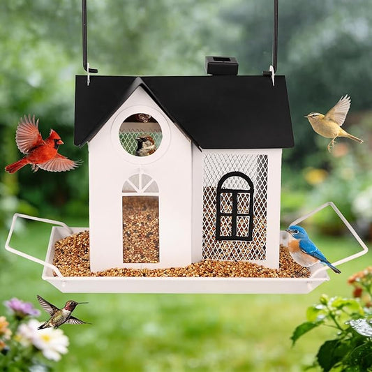Solar Bird Feeder for Outdoors – White Metal Hanging Bird Feeder with Solar Light, Decorative Bird House Feeder for Cardinals, Finches, and Wild Birds, Weatherproof Backyard Garden Decor