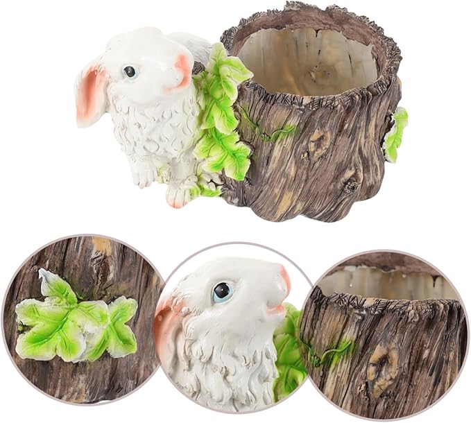 BESPORTBLE Bunny Stump Flower Pot Small Resin Planter for Outdoor and Indoor Gardening Decorative Desktop Ornament Drainage Cute Bunny Design