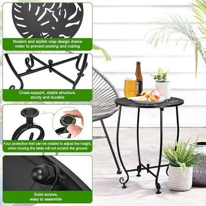 14 Inch Outdoor Metal Side Table, Weather Resistant Small Round End Table for Patio, Yard, Balcony, Garden - Plant Stand Outside (Color1-Turtle Leaf, Black)