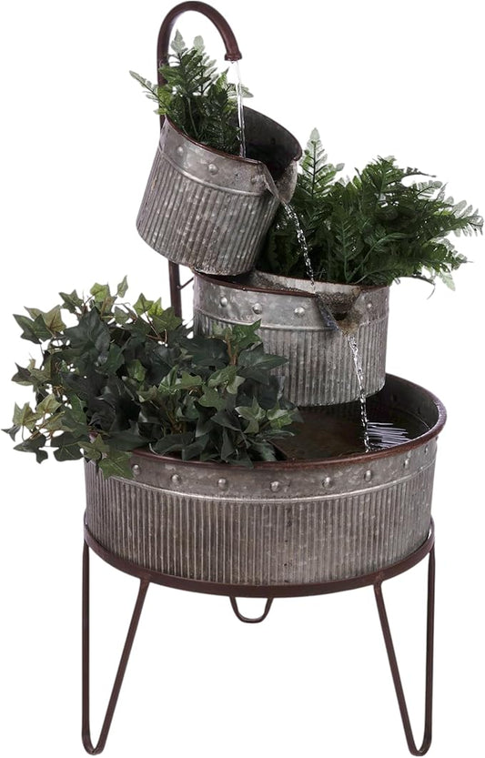 Alpine Corporation YHL684 33" Outdoor Floor 3-Tier Vintage Tubs and Planters Fountain, Rustic Metal Cascading Waterfall Feature for Gardens, Patios, and Yards, Silver