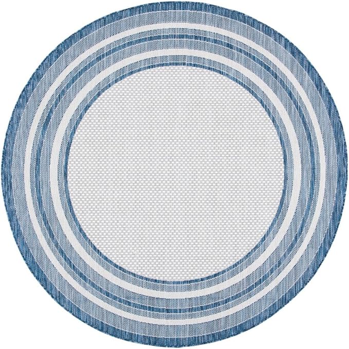 SAFAVIEH Washable Rug Outdoor Courtyard Collection - 7'10" Round, Ivory & Navy, Non-Shedding & Easy Cleaning, Ideal for Patio, Backyard, Mudroom (CY8475-53412)