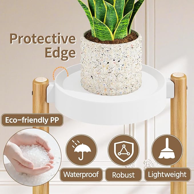 LASZOLA Bamboo White 4 Tier Heavy Duty Plant Stand Indoor, Tall Multiple Level Vertical Planter Rack for Modern Narrow Corner, Slim Spiral Flower Holder Organizer Display for House Decor, Plastic Tray
