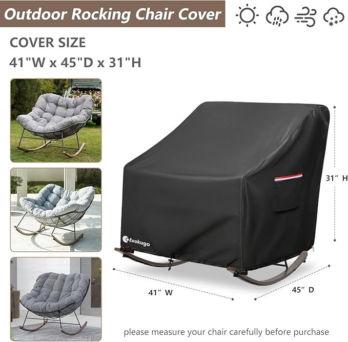 Outdoor Rocking Chair Cover 600D Heavy Duty Waterproof Patio Egg Rocking Chair Covers,for 41" W x 45" D x 31" H Outdoor Papasan Rocking Chair Blck