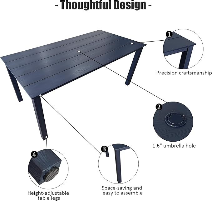 70.9-Inches Poly Lumber Outdoor Dining Table, HIPS Patio Dining Table with Umbrella Hole, Weather Resistant (Navy Blue, 1 Piece)