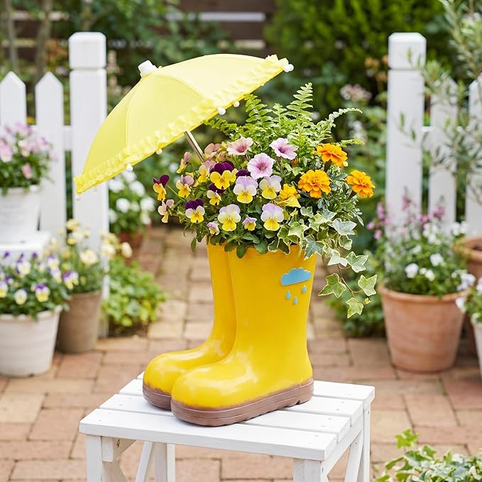 Rain Boot Vase Spring Rain Boot with Yellow Umbrella 7.87 x 5.12 x 7.09 7.87 x 5.12 x 7.09 Resin Flowerpot Floral Centerpiece April Showers Table Decor for Herbs Succulents Flowers