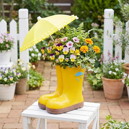 Rain Boot Vase Spring Rain Boot with Yellow Umbrella 7.87 x 5.12 x 7.09 7.87 x 5.12 x 7.09 Resin Flowerpot Floral Centerpiece April Showers Table Decor for Herbs Succulents Flowers