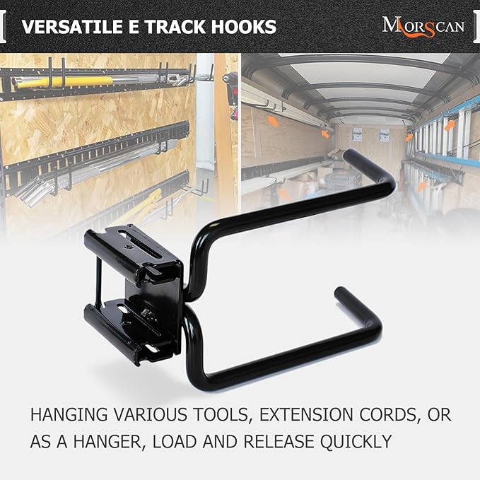 4-Pack E-Track Double Fitting J-Hooks, 4" Wide & 5.5" Deep Stable E Track Double J Hooks with Dual Fittings, Heavy Duty Shovel Hanger for Trailers, Trucks, Garden Tools Organizers Storage