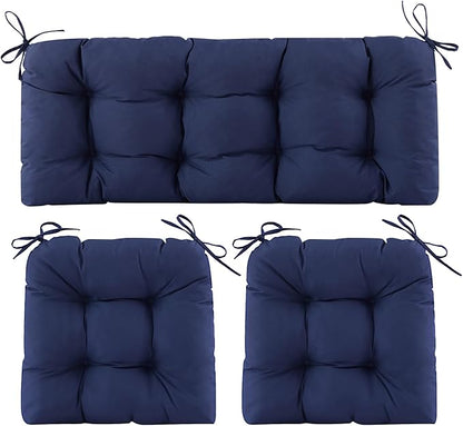 Wicker Chair Cushions of 3 Pieces, Waterproof Cushions for Patio Furniture, Tufted Wicker Outdoor Furniture Cushions, 1 Patio Loveseat Cushion and 2 U-Shaped Cushions, 44"x19"x5", Navy Blue