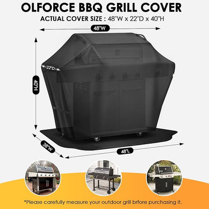 Grill Cover 48 Inch & Under Grill Mat,Grill Cover for Outdoor Waterproof Weather Resistant,UV & Fade Resistant, Compatible with Weber Nexgrill Charbroil Kenmore Gas Grill, Black
