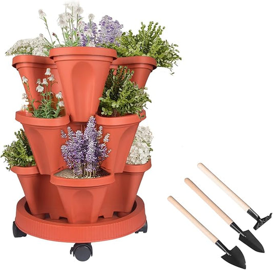 DUNCHATY Stackable Planters 3 Tier Vertical Garden Planting Tower Planters Strawberry, Herb, Flower, and Vegetable Planter Indoor Outdoor Gardening Pots with Removable Wheels and Tools