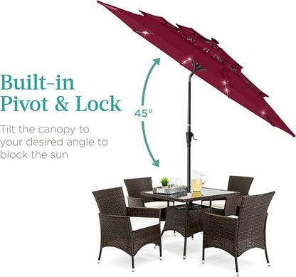 Best Choice Products 10ft 3-Tier Solar Patio Umbrella, Outdoor Market Sun Shade for Backyard, Deck, Poolside w/ 24 LED Lights, Tilt Adjustment, Easy Crank, 8 Ribs - Burgundy