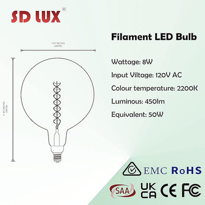 SD LUX Oversized Vintage Giant LED Light Bulb Huge Edison Bulb- Dimmable, 8W 450LM (50W Equi), G63(G200) Warm White 2200K, Medium E26 Base - Perfect for Decorative Pendant Lighting, 1 Pack(G200)