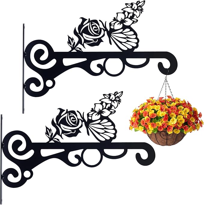 hogardeck Plant Hangers Outdoor Decor, 2 PCS 10” Metal Hanging Plant Bracket with Buttterfly and Flower for Garden Patio Yard Decor, Plant Hooks for Hanging Plants, Bird Feeder, Wind Chime, Lantern