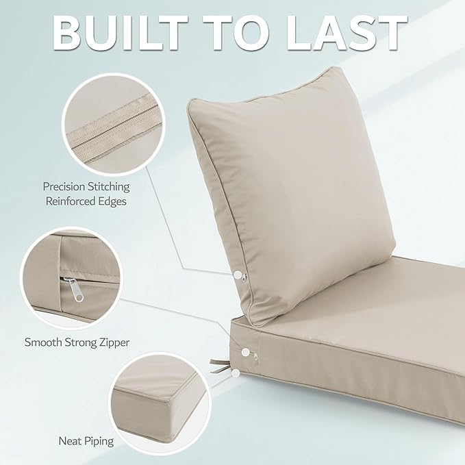 19x19 Inch Patio Chair Cushion with Removable Cover, Outdoor Furniture Cushion - Water-Repellent, Fade-Resistant, Non-Slip Bottom & Straps, Replacement for Lawn, Porch & Deck Chair - Cream
