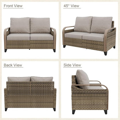 Modern Wicker Patio Furniture Set, Rattan Outdoor Conversation Set with Comfortable Cushions, 2 Seat Loveseat and 2 Ottomans, 3 Pieces, Brown/Gray