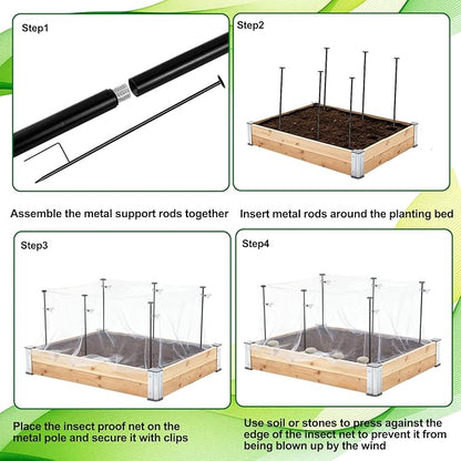 Metal Garden Netting Kit, 6 Pack 2.6ft Raised Garden Bed Net Support Stakes with 10´×13´ Fine Mesh Insect Netting 12pcs Clips Bird Barrier Screen Cover for Protect Plant Vegetable Row from Animals Bug