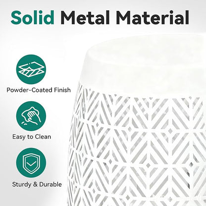 18" Cutout Metal Outdoor Side Table with 3-Mode LED Lights, Modern Decorative Drum End Table, Versatile Coffee Table/Garden Stool/Night Stand/Plant Stand for Patio, Living Room, Bedroom