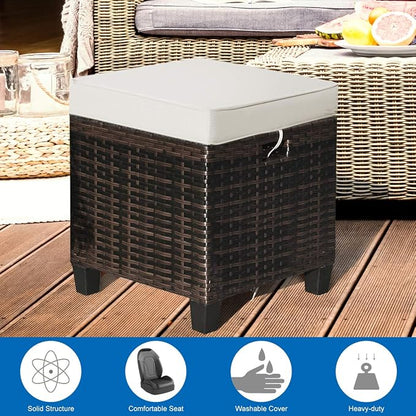 Tangkula 2 Pieces Outdoor Patio Ottoman, All Weather Rattan Wicker Ottoman Seat, Patio Rattan Furniture, Outdoor Footstool Footrest Seat w/Removable Cushions