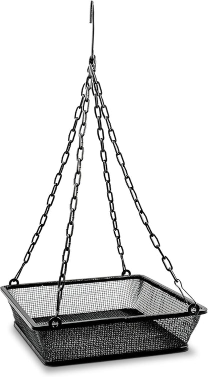 Monarch Abode Hanging Bird Feeder for Outdoors – Hanging Birdfeeder with Iron Mesh Seed Tray for Wild Birds, Matte Black Metal Decorative Wild Bird Feeder for Outside Garden Patio Deck Yard
