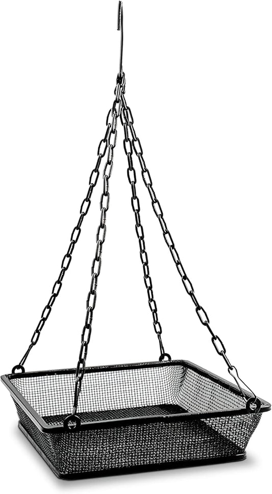 Monarch Abode Hanging Bird Feeder for Outdoors – Hanging Birdfeeder with Iron Mesh Seed Tray for Wild Birds, Matte Black Metal Decorative Wild Bird Feeder for Outside Garden Patio Deck Yard