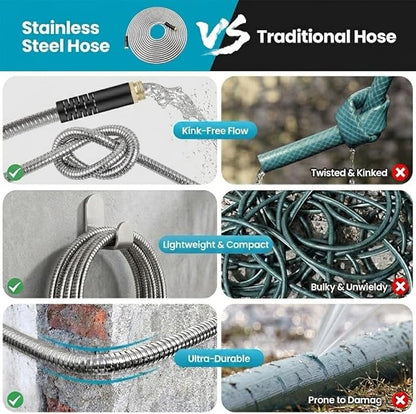 Garden Hose 50FT, Water Hose with 10 Function Nozzle, Garden Hose Metal with Leak-proof Connectors, No-Kink, Lightweight, Puncture-proof, Pet-proof, Sturdy, Hose for Outdoor, Yard