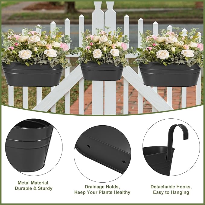 3 Different Size Metal Iron Hanging Flower Pots 13 Pcs for Outdoor Plants Metal Hanging Bucket Pots Iron Railing Fence Planter with Drainage Holes and Hooks for Porch Railing Balcony Fence (Black)