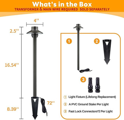 Gardenreet Outdoor Path Lights Brass, LED Landscape Pathway Light, Low Voltage Driveway Lamp Waterproof, Mini Shade 12V Wired Bronze for Walkway Sidewalk Without G4 Bulb 6 Pack