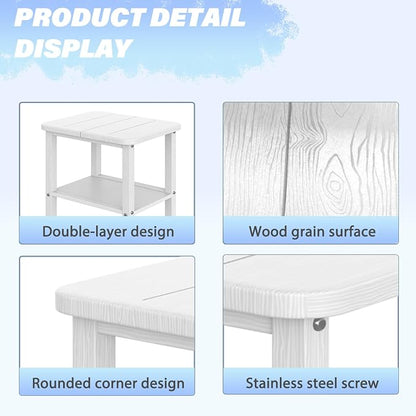 Ayge 17.7" Double Outdoor Side Table, Rectangular HDPE Adirondack End Table for Patio, Lawn, Pool, Garden, Backyard，White