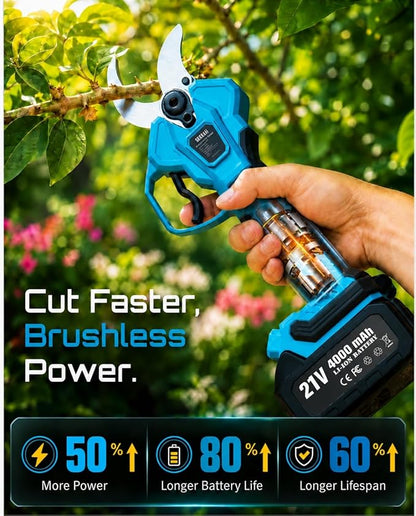 SEESII Electric Pruning Shears for Gardening: 1.8” Cutting Cordless Power Pruner - Brushless Motor, Dual 4.0Ah Battery, 4 Levels Adjustable Extra SK5 Blade Branches Cutter For Tree & Flower Trimming
