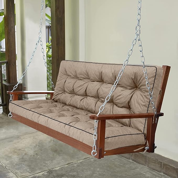 Swing Replacement Seat Cushions, 2-3 Seater Bench Cushions for Outdoor Furnitur with Backrest, Garden Recliner Seat Cushions Waterproof Sofa Pads (Khaki, 70.8x40in)