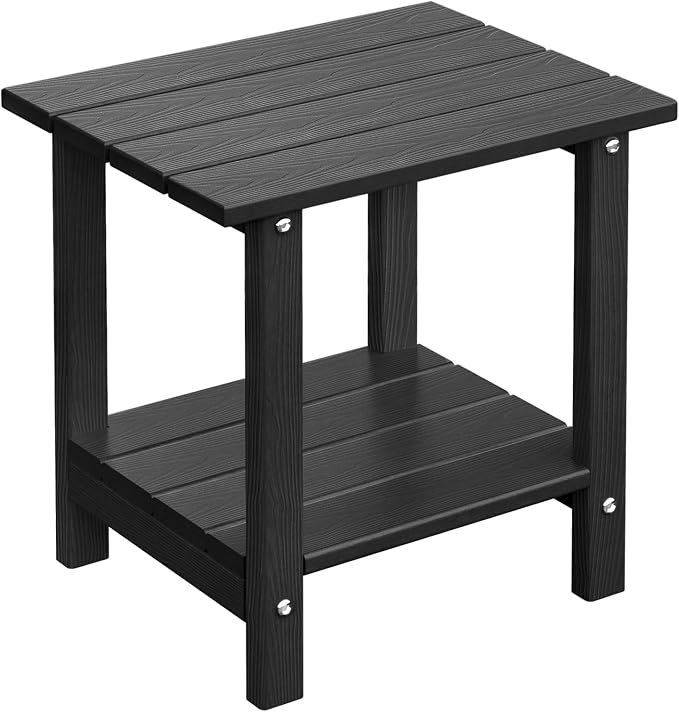 Adirondack Outdoor Side Table with Wood-Like Grain, 16.6" Small Patio End Table, 2-Tier HDPE Plastic Table for Poolside Porch Garden, Weather Resistant & Easy Assembly (Black, Rectangle)