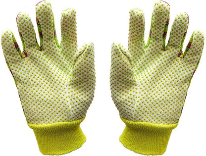 Women's Gardening Gloves, Soft Cotton Jersey, Floral Print, PVC Dot Grip, Comfortable & Durable Multi color Green, Red, Blue